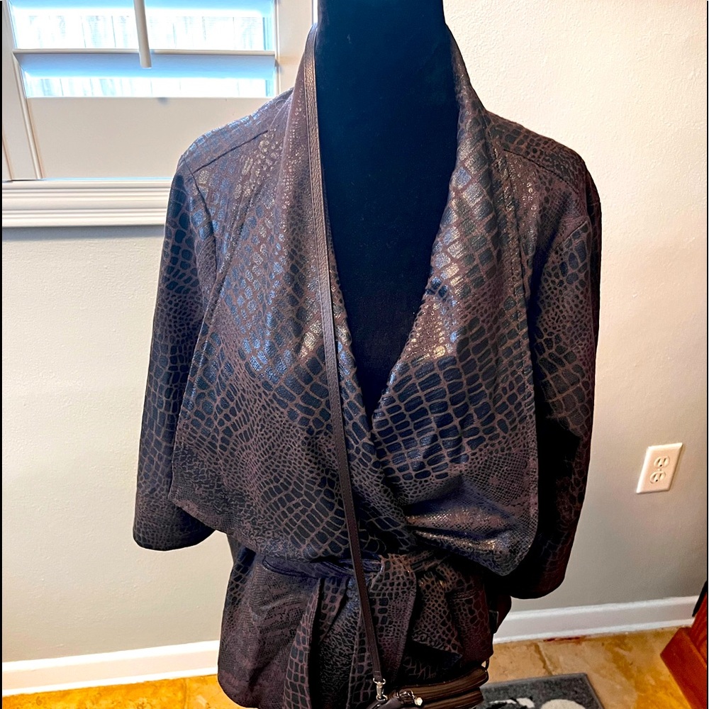 Faux leather jacket w croc pattern.  Wrap style.  Great for Fall!